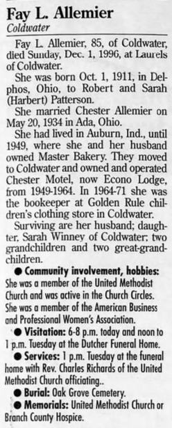 Chester Motel (Econolodge) - 1996 Obit For Owner